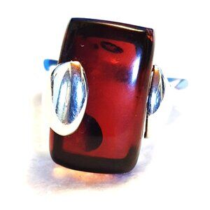 Fancy Vintage Cherry Red Baltic Amber Sterling Silver Modernist Statement Ring